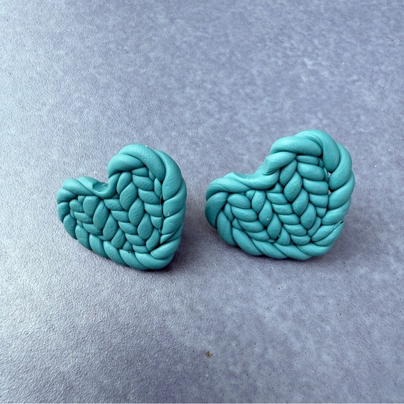 Turquoise Heart-Shaped Polymer Clay Stud Earrings - Picture 5 of 9